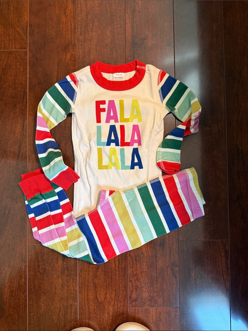 Hanna Andersson Multicolor Rainbow Stripe 'FALA LALA LALA' Pajama Set - Red Trim